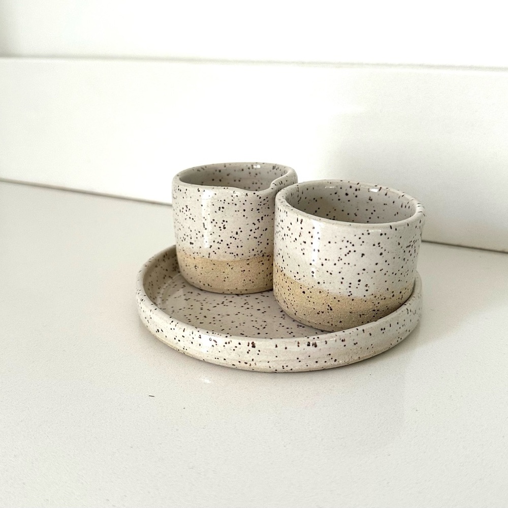 Cream and Tan Ceramic cream and sugar Art Collection with Rustic Finish